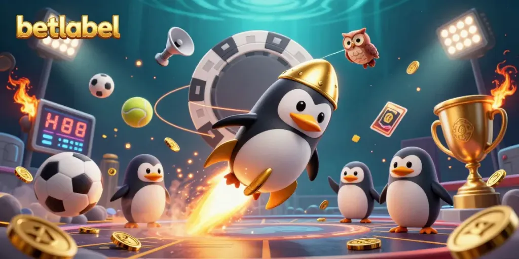 Experience thrilling gameplay with betlabel as a golden penguin navigates a casino space adventure.
