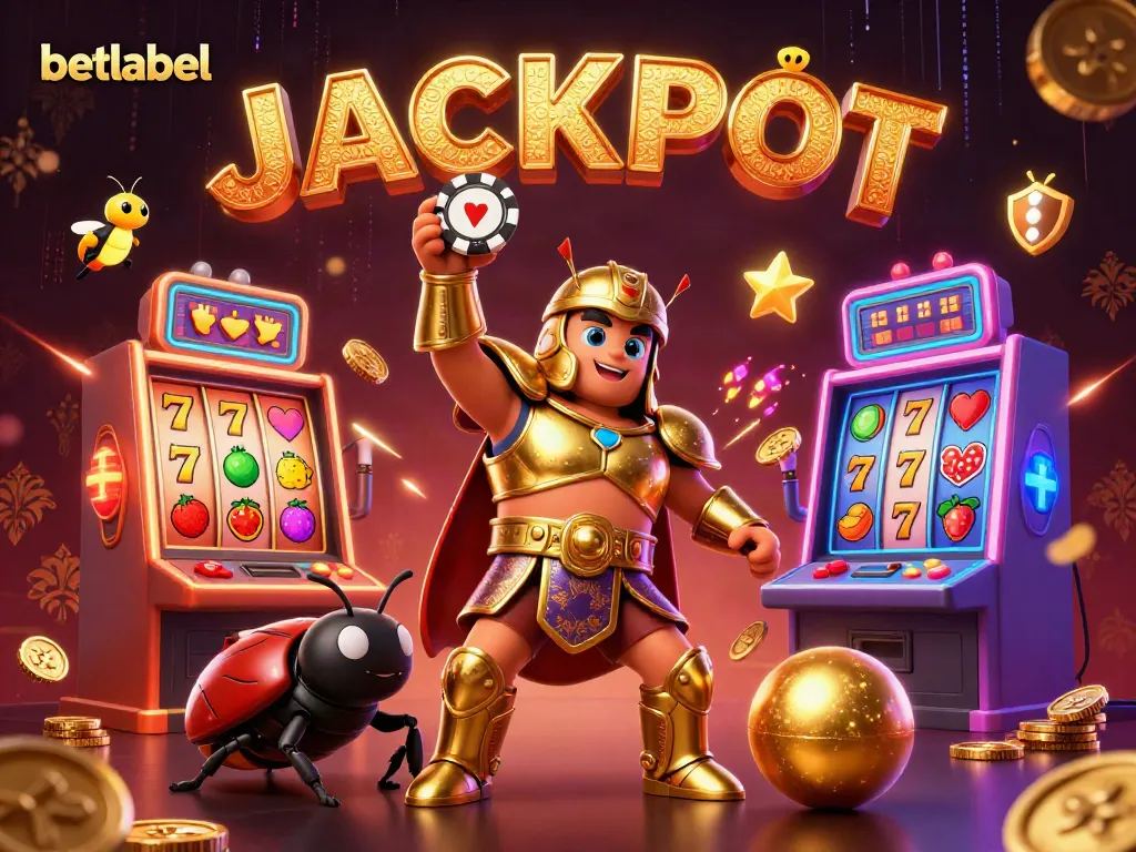 Engage in thrilling gameplay at betlabel with vibrant slot machines and cartoon characters celebrating victories.