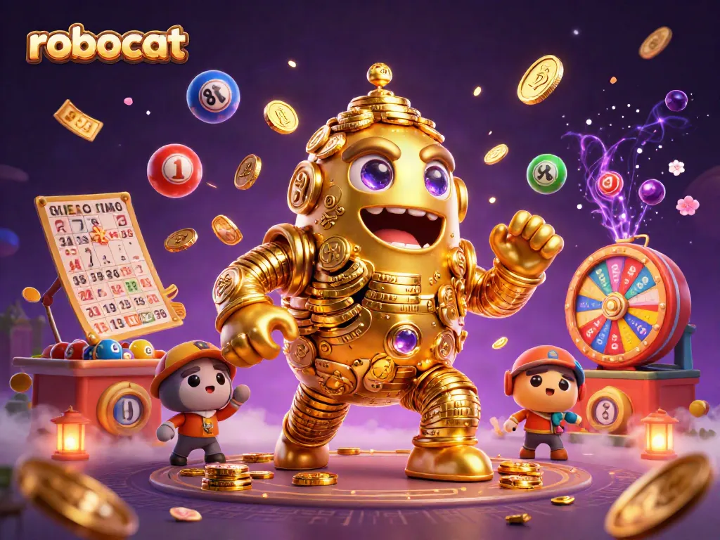 Join the robocat in an exciting gambling adventure filled with vibrant lottery elements.