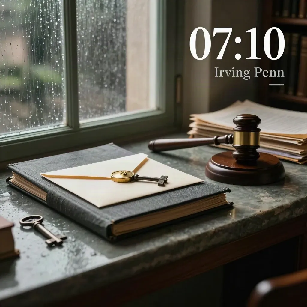 Carpeta legal, sobre cerrado, sello y mazo sobre piedra junto a ventana con lluvia.