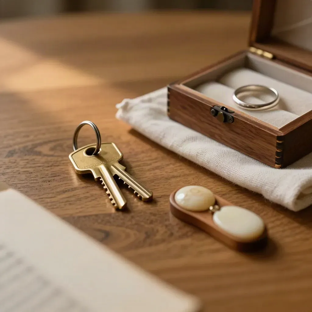 Llaves, caja de madera, anillo y recuerdo familiar sobre mesa de comedor con luz cálida.