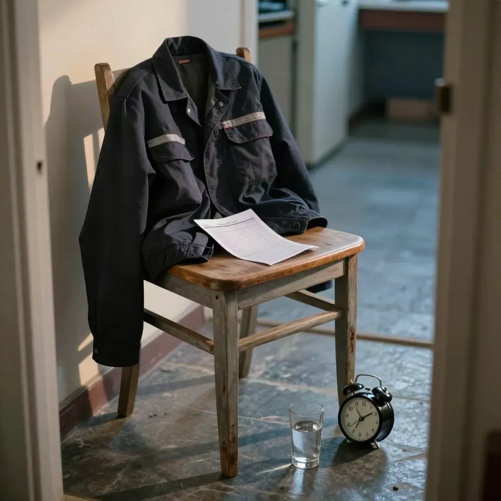 Chaqueta de trabajo en una silla, reloj parado y vaso medio lleno en un interior sereno y tenso.