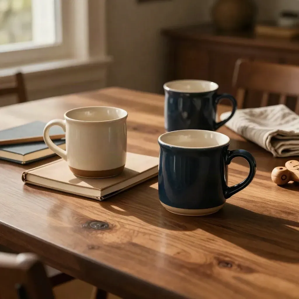 Mesa de comedor con tazas desparejadas, cuadernos cerrados, manta doblada y juguete de madera.