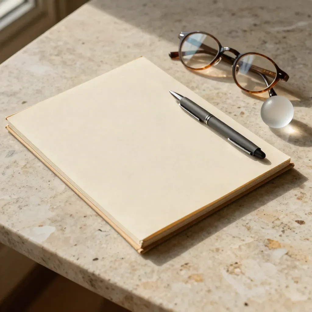 Carpeta de alquiler cerrada, bolígrafo, gafas y peso de papel sobre travertino claro.