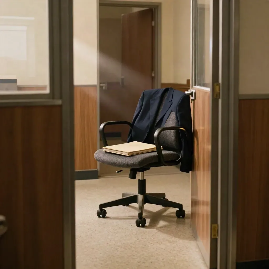 Silla vacía con chaqueta de oficina y carpeta cerrada en un pasillo laboral silencioso