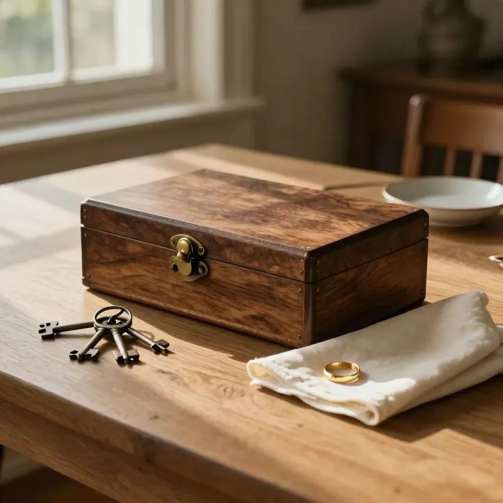 Caja de recuerdos, llaves antiguas, anillo y pañuelo de lino sobre una mesa familiar cálida.