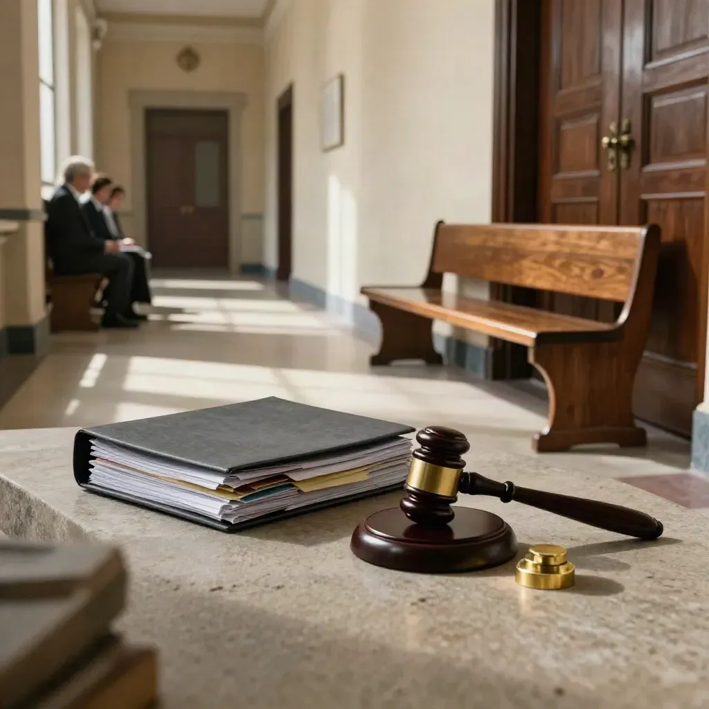 Carpeta de caso, mazo y sello ante una puerta cerrada de juzgado.