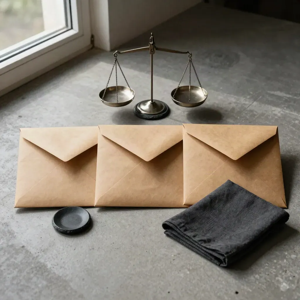 Sobres kraft con balanza decorativa, cuenco de piedra y paño plegado sobre hormigón.