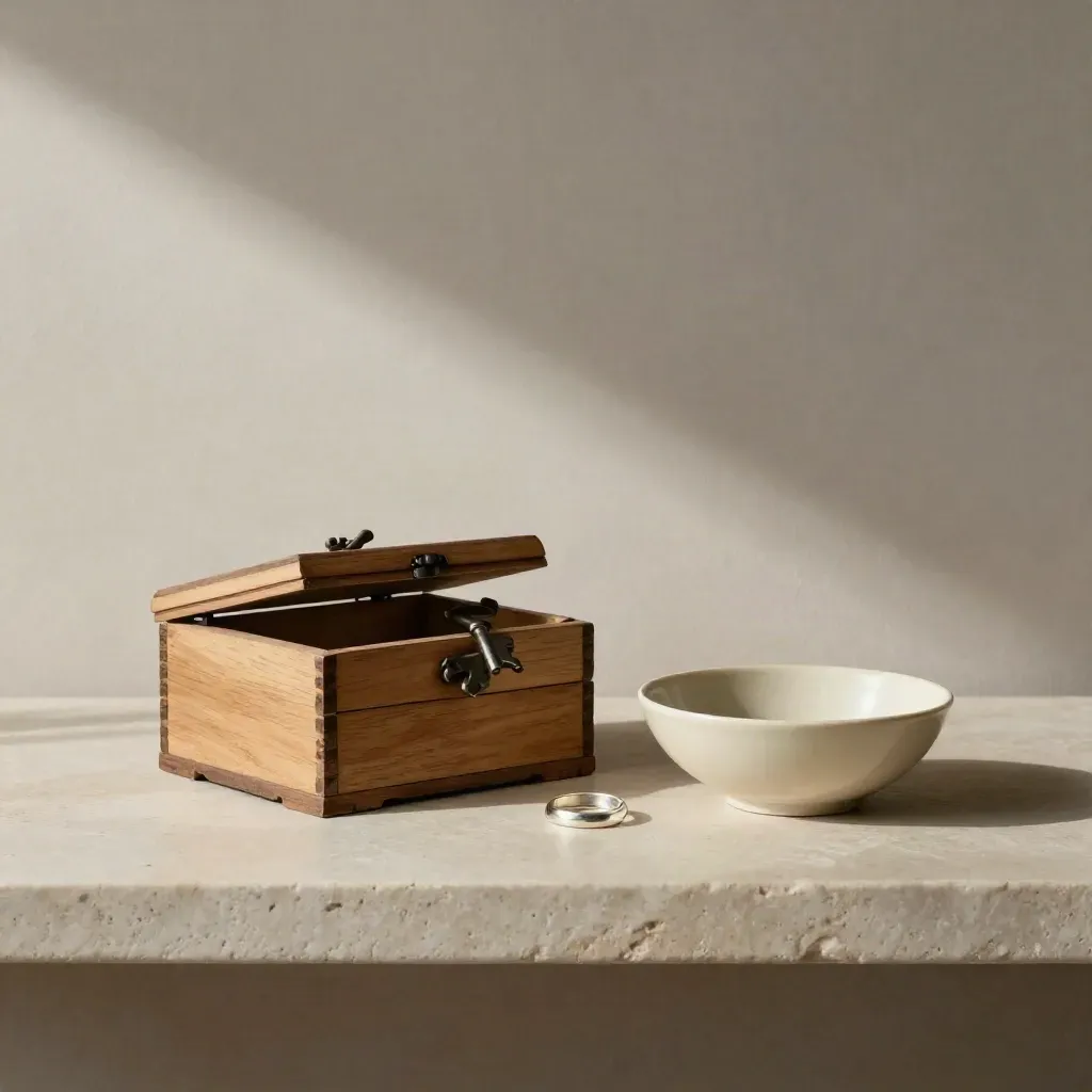 Caja de madera con llave antigua, anillo y cuenco cerámico claro sobre balda de piedra.