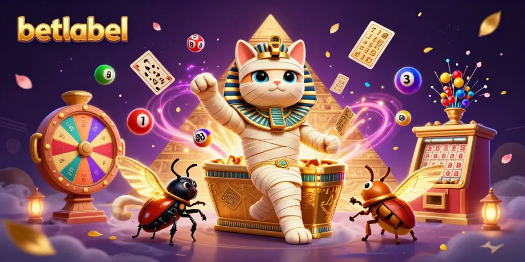 Betlabel showcases a vibrant casino scene with Egyptian mummy and scarab, engaging in thrilling lottery action.