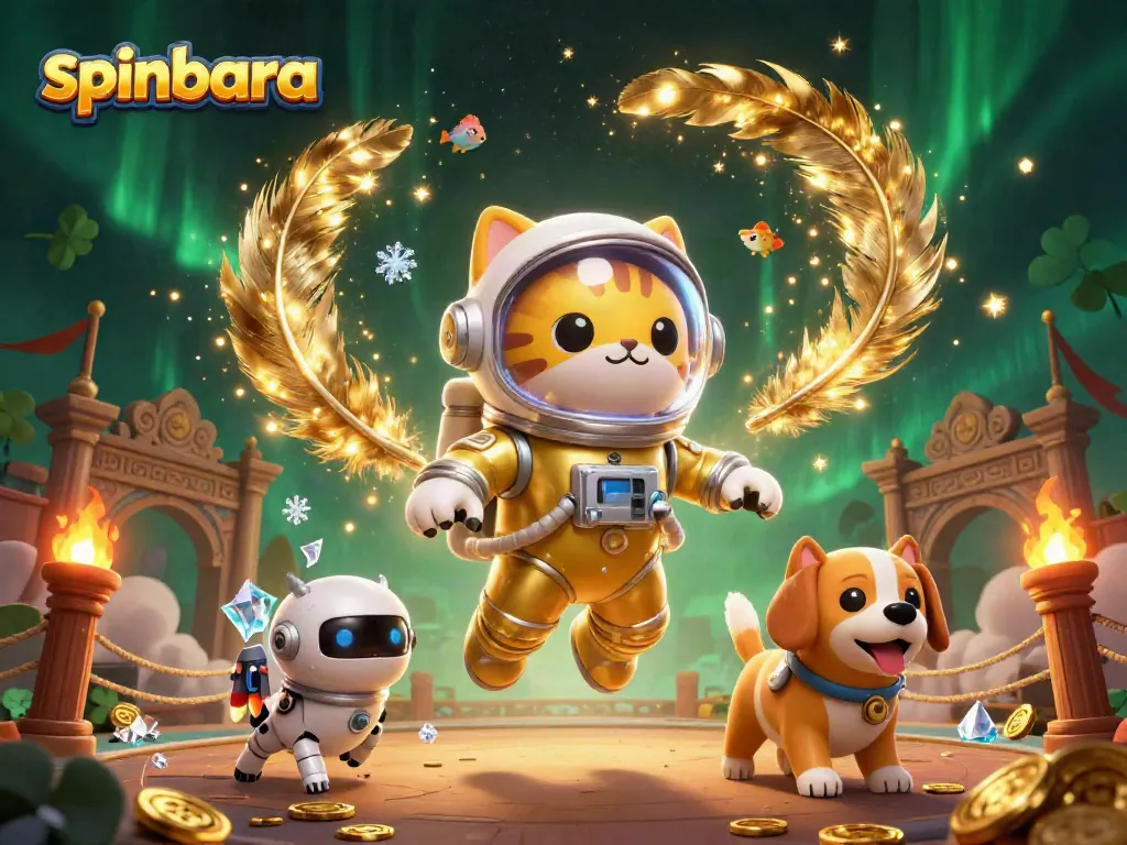 Spinbara's thrilling casino experience with a space astronaut cat and robot dog amid vibrant gaming elements.