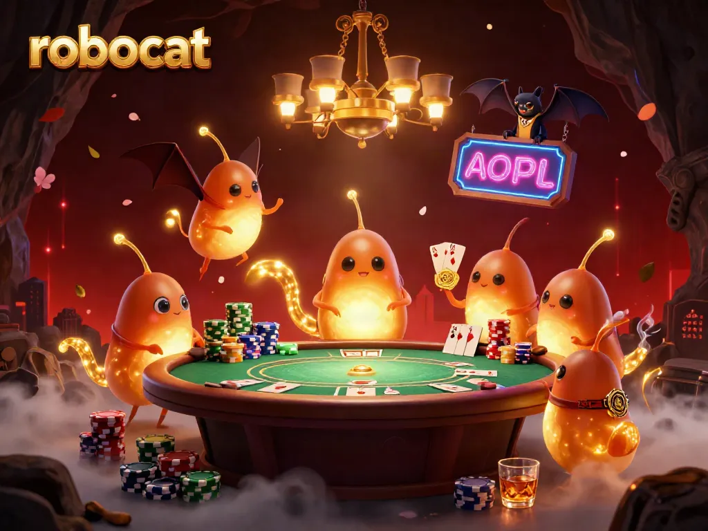 Engage in thrilling poker games with robocat in a vibrant casino atmosphere filled with glowworms.
