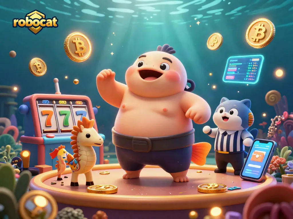 Play exciting games at Robocat Casino featuring vibrant underwater scenes with neon tokens and festive characters.